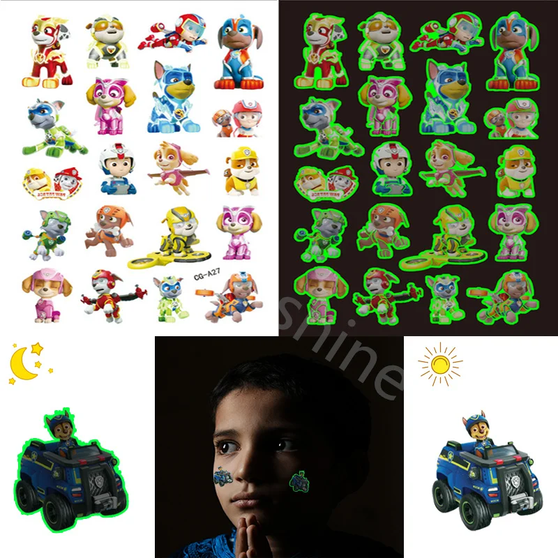 PAW 순찰 어린이를위한 빛나는 문신 개 스타일 임시 문신 스티커 어린이 소년 소녀 글로우 파티 용품 어린이를위한 선물
