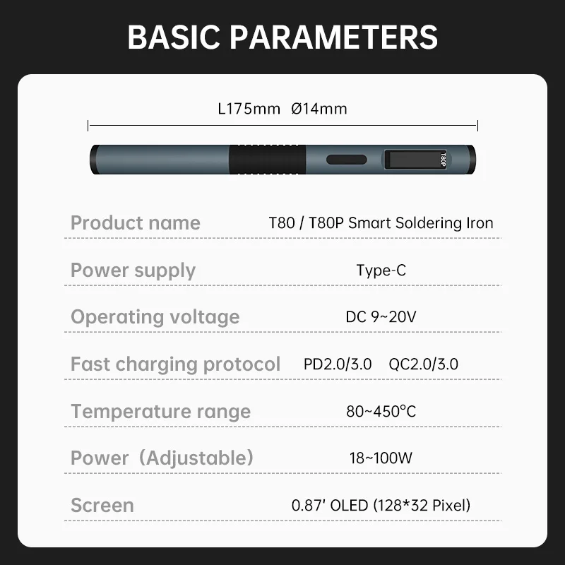ALIENTEK T80 T80P 스마트 납땜 인두 PD 65W QC 조정 가능한 일정한 온도 휴대용 스마트 납땜 인두 키트 C245 도구