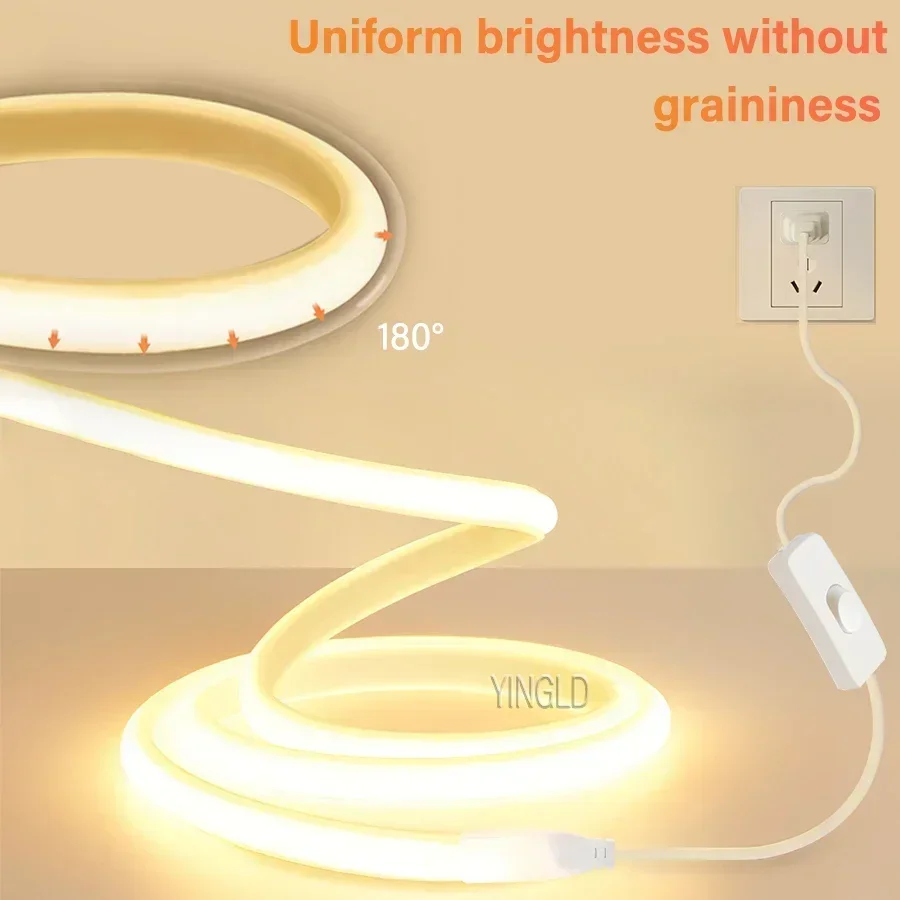 220V COB LED 스트립 빛 높은 밝은 스위치/디밍이 가능한 미국 110v EU 플러그 네온 테이프 주방 캐비닛 조명 방수 정원