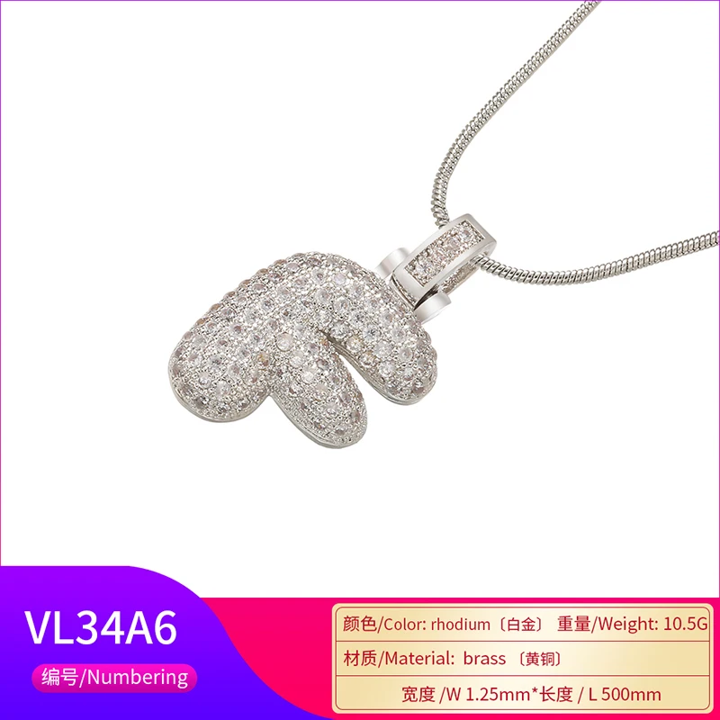 ZHUKOU 1.25x500mm 여성을위한 뚱뚱하고 사랑스러운 크리스탈 황동 실버 컬러 편지 목걸이 친구 생일 선물 모델: VL34