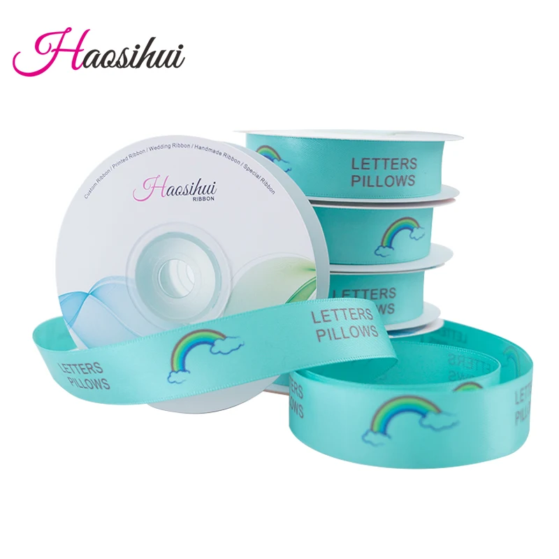HAOSIHUI 사용자 정의 새틴 리본 맞춤형 로고 인쇄 단일 얼굴 10 ~ 50 ~ 100 야드 폴리 에스터 선물 웨딩 생일 DIY 테이프