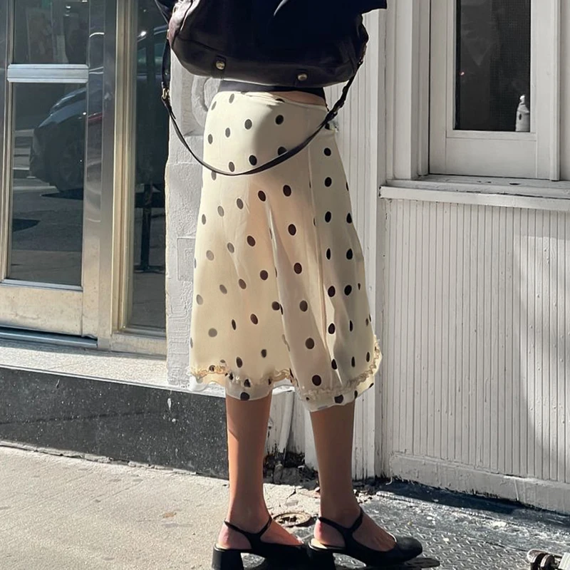BIIKPIIK 캐주얼 여성 폴카 도트 스커트, 양상추 트림, 베이지, 우아한 미디 스커트, 스트리트웨어, 심플한 올매치 하의 의류 용수철