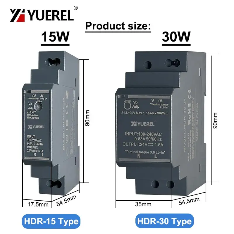 초박형 스위칭 전원 공급 장치 HDR 15W 30W 60W 100W 150W 12V 24V 레일 유형 변압기