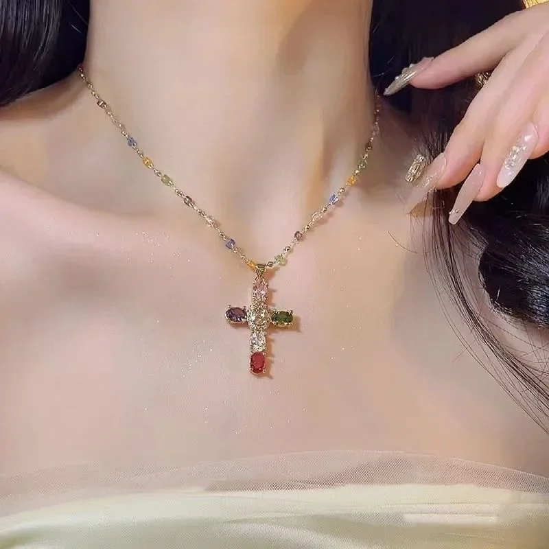 여성을위한 패션 다채로운 지르콘 크로스 펜던트 목걸이 스테인레스 스틸 실버 컬러 매력 크리스탈 페르시 체인 목걸이목걸이