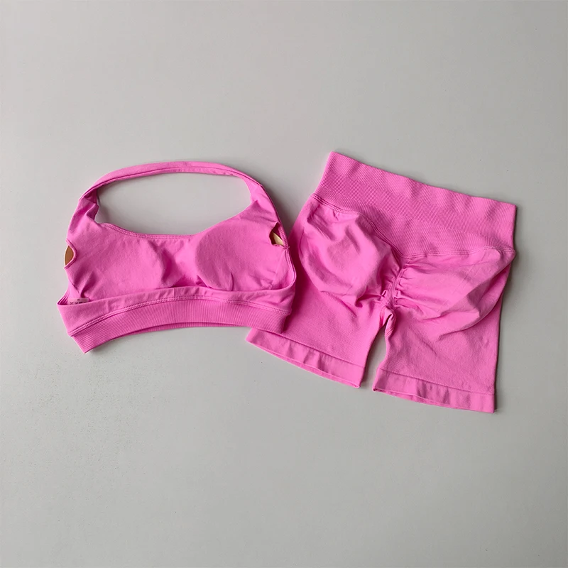 섹시한 홀터넥 넥 아름다운 뒤 높은 허리 복숭아 스포츠 브래지어 반바지 정장 필라테스 수집 요가 조끼 훈련 피트니스 브래지어 세트