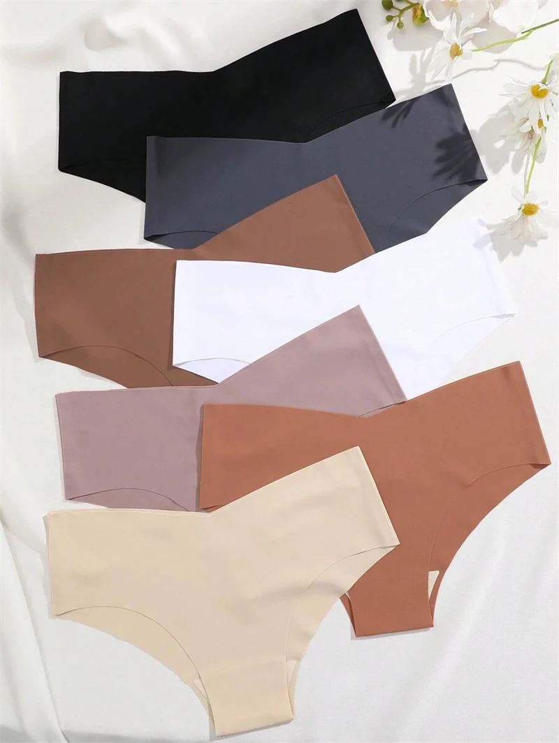FINETOO 7PCS 여성 울트라 얇은 속옷 팬티 원활한 팬티 섹시한 V-허리 아늑한 스트레치 란제리 여성 솔리드 컬러 Intimates