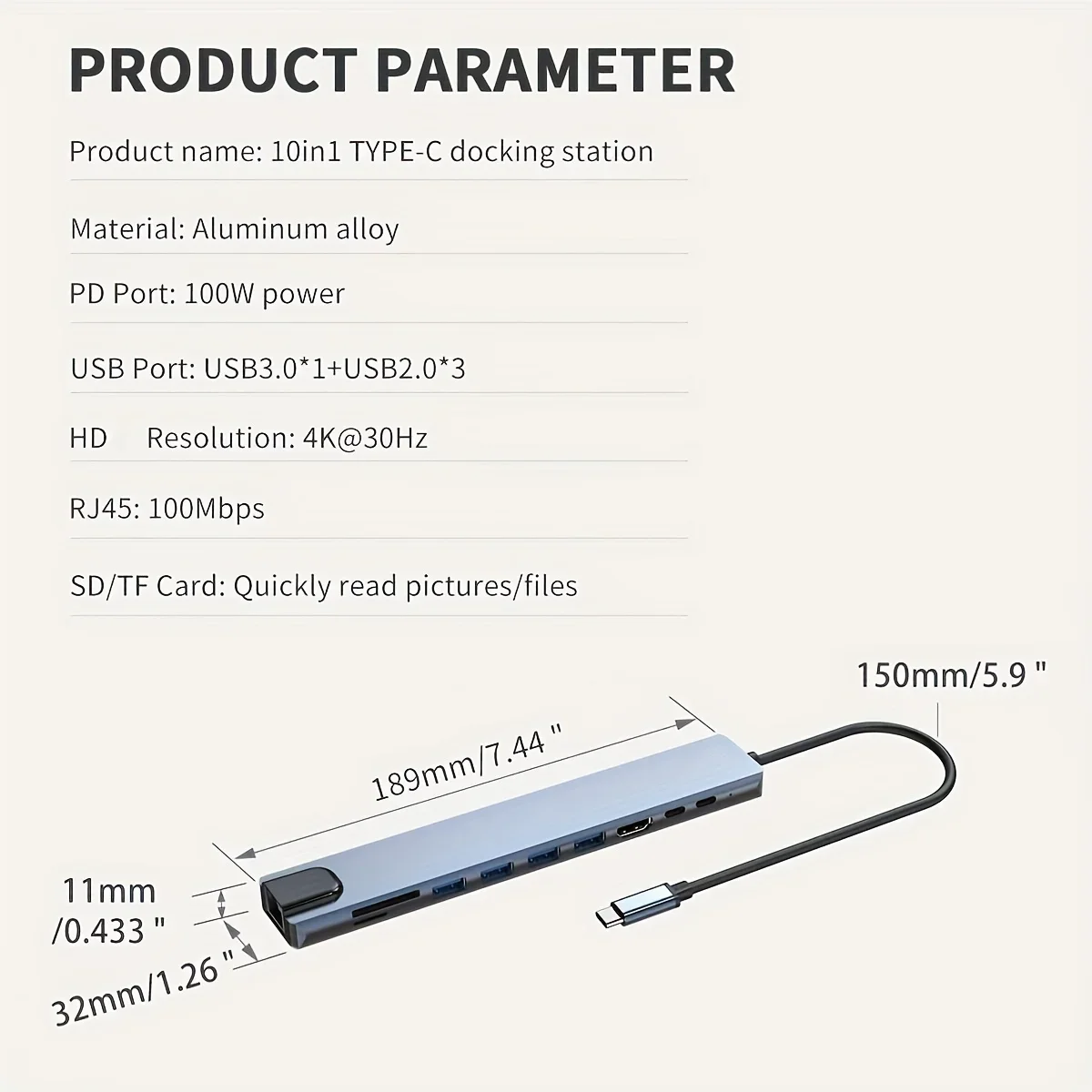 USB C 허브 도킹 스테이션 C타입-HDTV 호환, 맥북, 아이패드, 화웨이, 삼성폰용, 10 인 1, 4K30Hz, RJ45 이더넷, PD100W