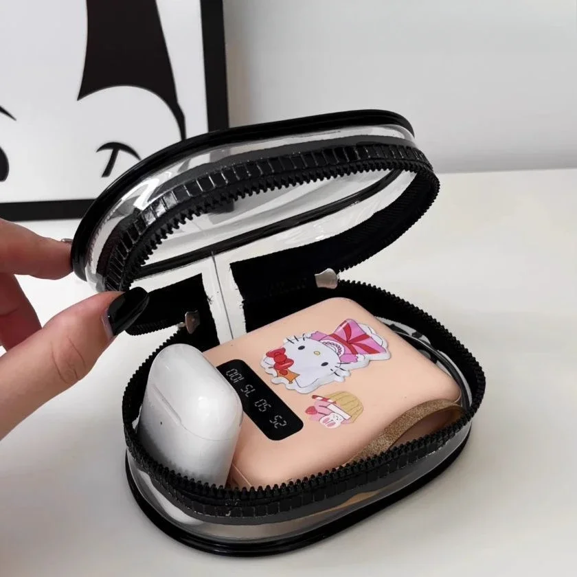 블랙 PVC 라운드 투명 화장품 가방 쥬얼리 보관 가방 휴대용 데이터 케이블 이어폰 동전 충전기 보관 가방 브랜드 뉴