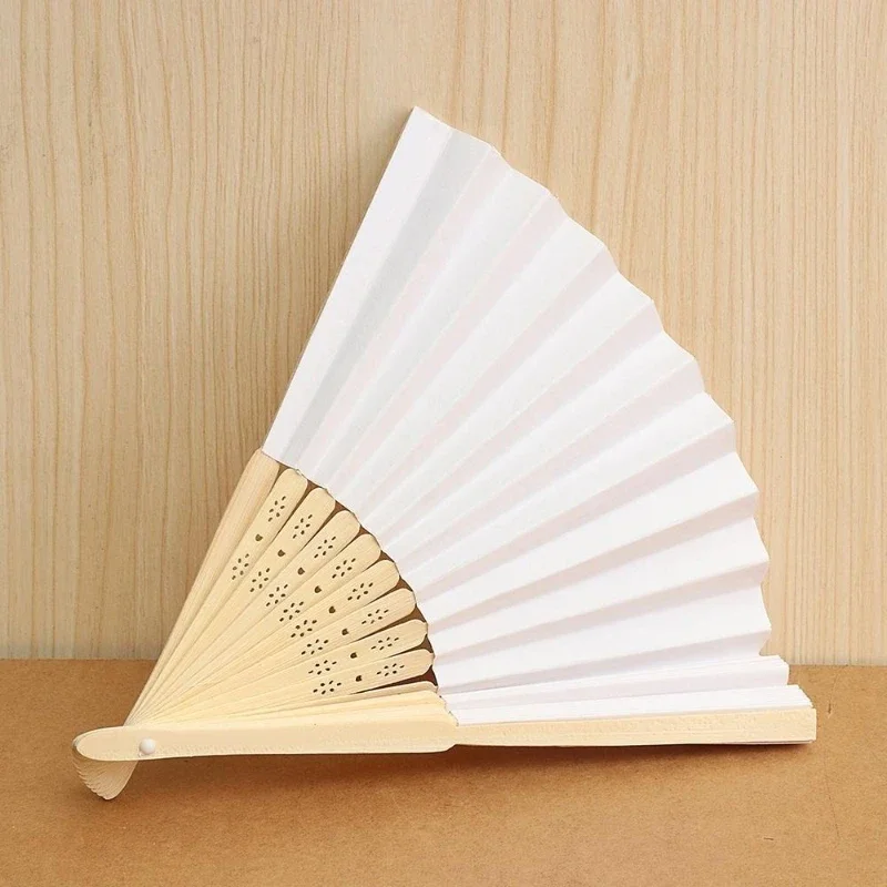 휴대용 종이 팬 흰색 실크 대나무 접는 팬 결혼식 파티 DIY 장식을위한 휴대용 접힌 팬