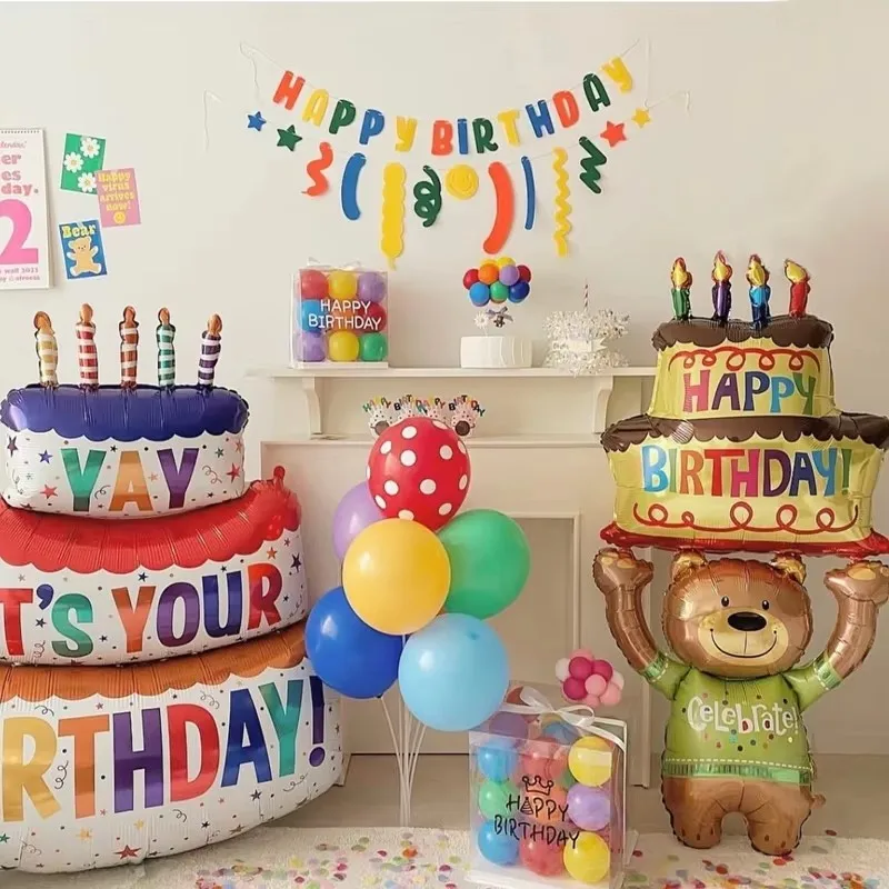 대형 생일 케이크 호일 풍선, 만화 곰 케이크 풍선, 어린이 장난감, 생일 파티 장식 용품, 사진 소품, INS