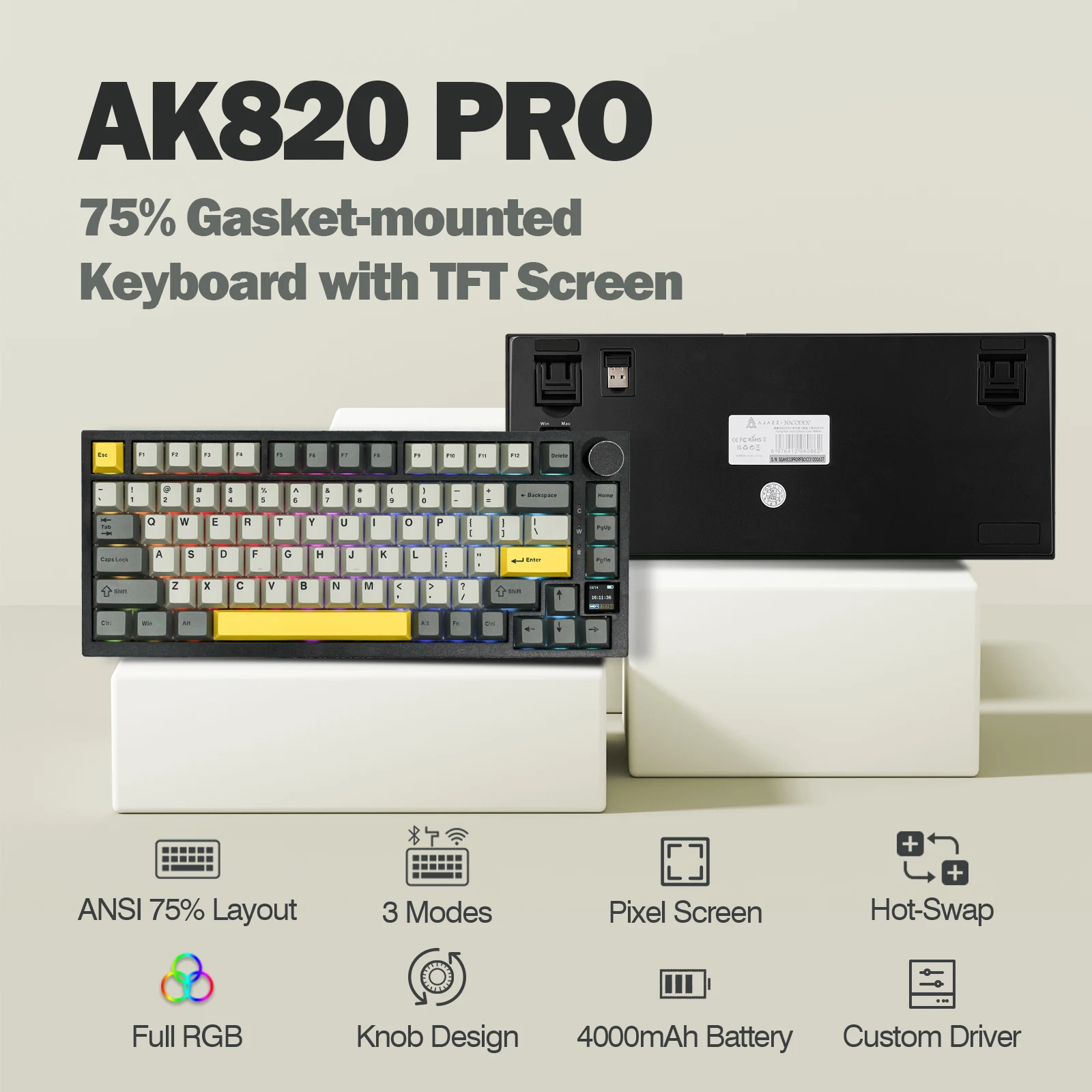 Ajazz 75% 개스킷 장착 블루투스 5.1, 2.4G 무선, C 타입 유선 기계식 키보드, Mac/Win용 TFT 스크린 포함, AK820 Pro