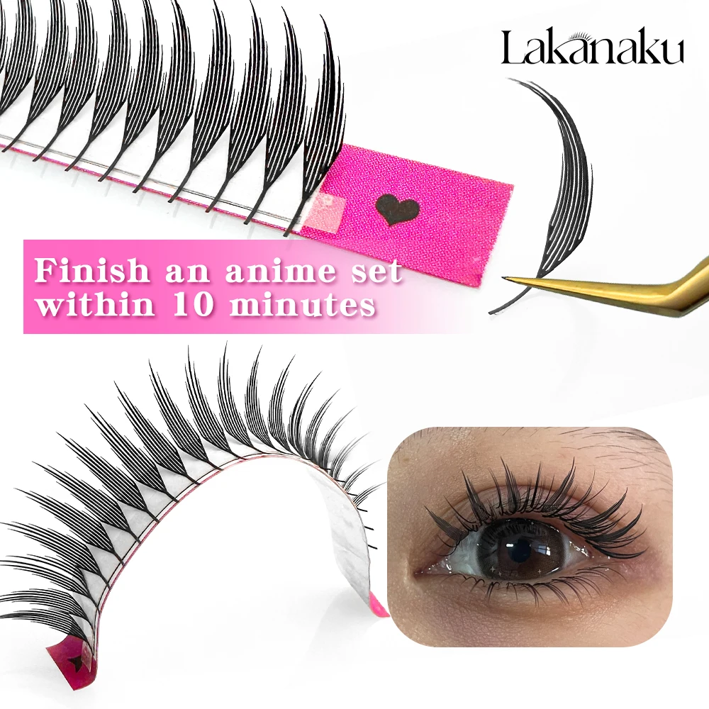LAKANAKU 만화 애니메이션 첨탑 속눈썹 확장 깃털 모양 0.07mm C/D/CC 컬 믹스 8-15mm 9-13mm 캐시미어 미리 만들어진 팬 속눈썹