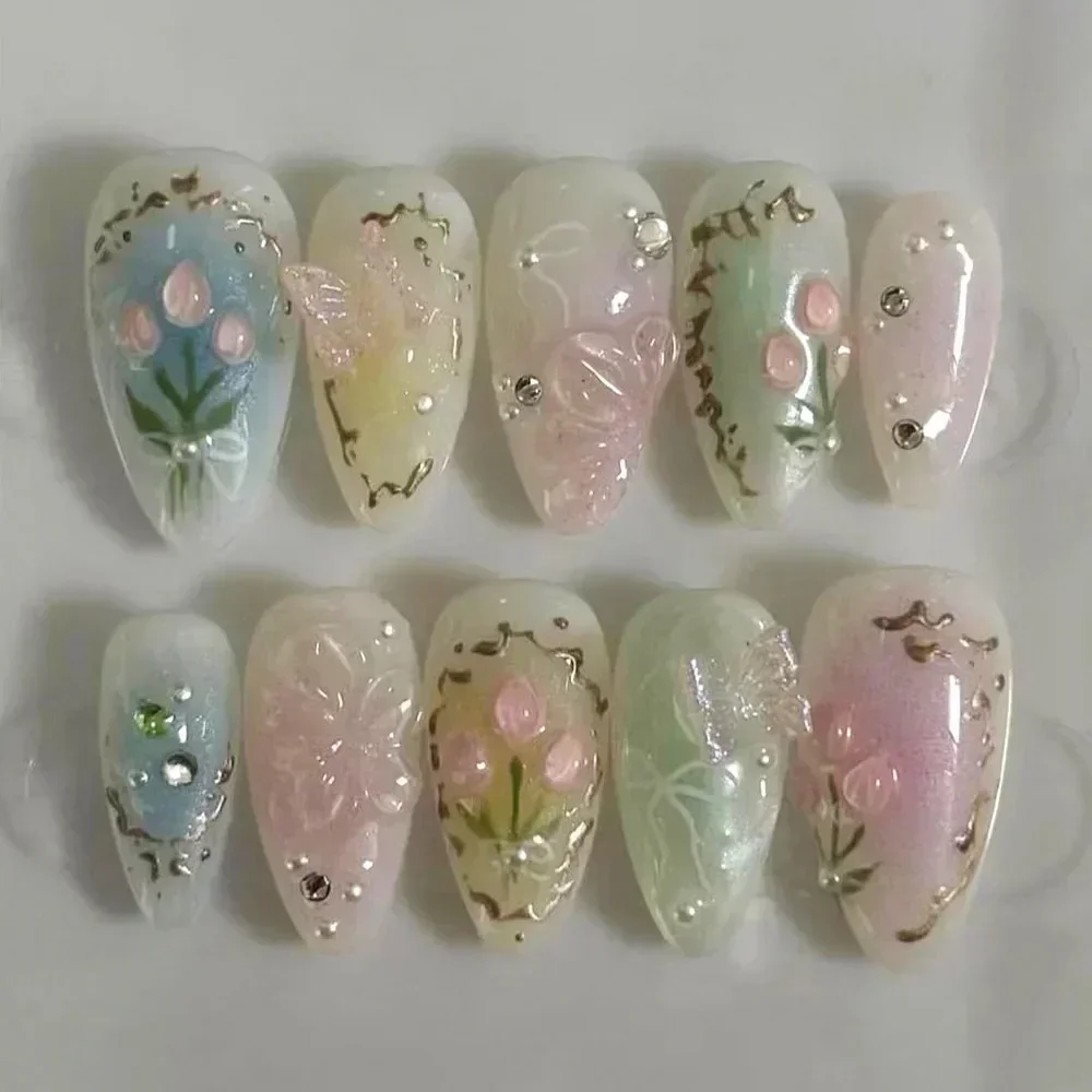 24Pcs 핑크 아몬드 틀린 손톱 나비 발레 프랑스 디자인 웨어러블 가짜 손톱 손톱 팁 아트에 간단한 인공 프레스
