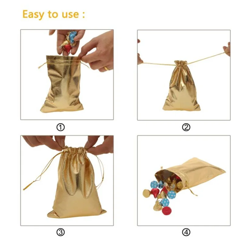 50pcs 골드 선물 Drawstring 가방 보석 주최자에 대 한 파우치 캔디 바 초콜릿 패키지 중소 기업 용품을 선호
