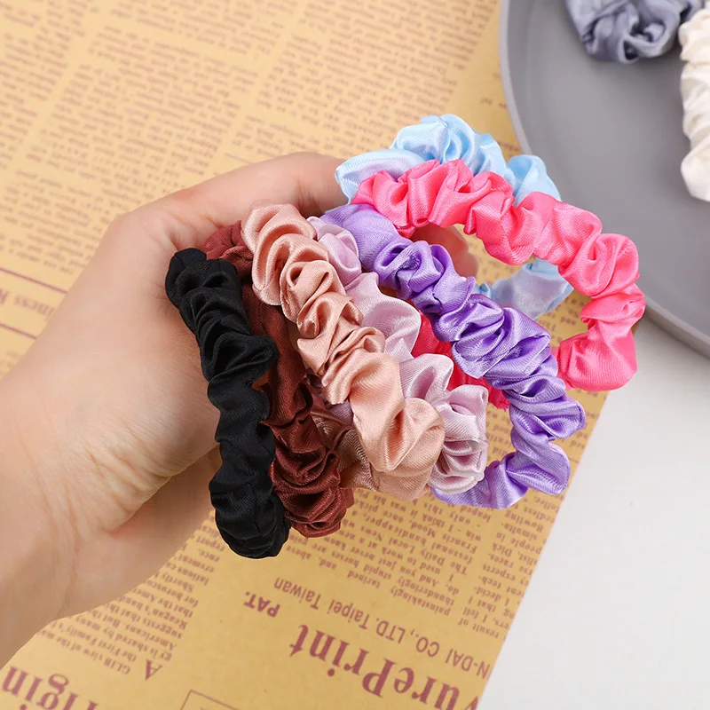 10 개/갑/팩 여성 다채로운 새틴 실크 Scrunchies 탄성 헤어 밴드 솔리드 컬러 도트 헤어 넥타이 포니 테일 홀더 헤어 액세서리