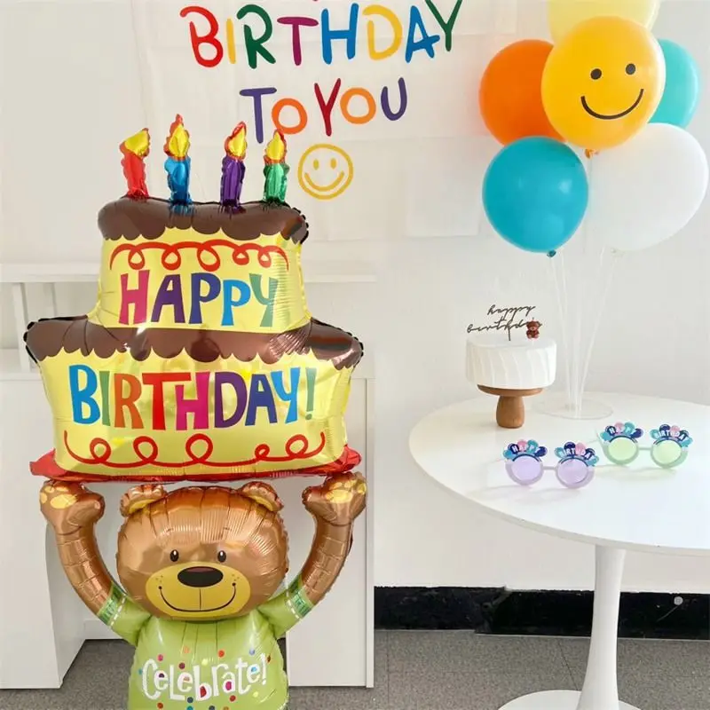대형 생일 케이크 호일 풍선, 만화 곰 케이크 풍선, 어린이 장난감, 생일 파티 장식 용품, 사진 소품, INS