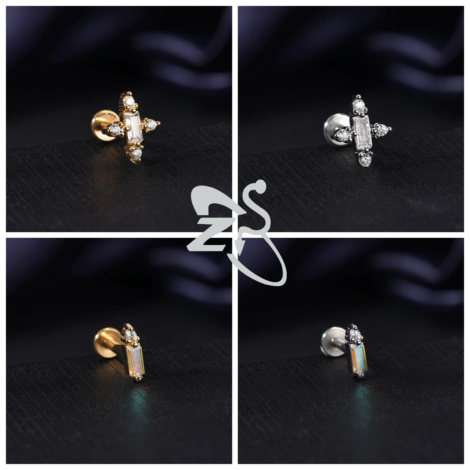 ZS 1 PC 골드 컬러 16G 스테인레스 스틸 Labret 립 피어싱 남성 여성 CZ 크리스탈 귀 연골 Tragus 헬릭스 피어싱 플랫 백