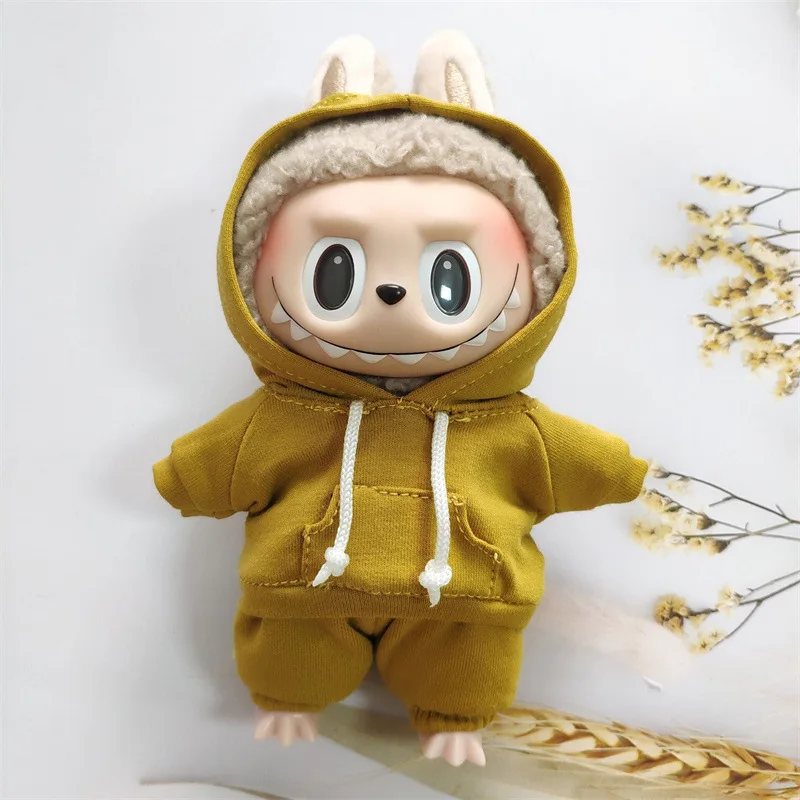 17cm Labubu 인형 옷 괴물 복장 액세서리 의류 DIY 어린이 선물 소녀 후드 티셔츠 바지 신발 흰색 E25V