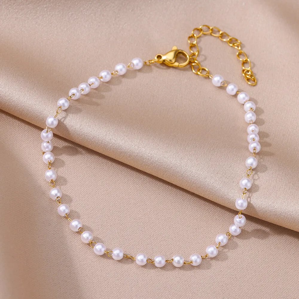 여성을위한 Anklets 여름 해변 액세서리 스테인레스 스틸 모조 진주 체인 Anklet 골드 컬러 다리 팔찌 Bodychain 선물