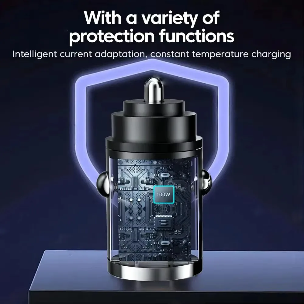미니 100W PD QC 풀 링 빠른 충전 차량용 충전기 USB C 차량용 전화 충전기 어댑터 iPhone Xiaomi Samsung Huawei