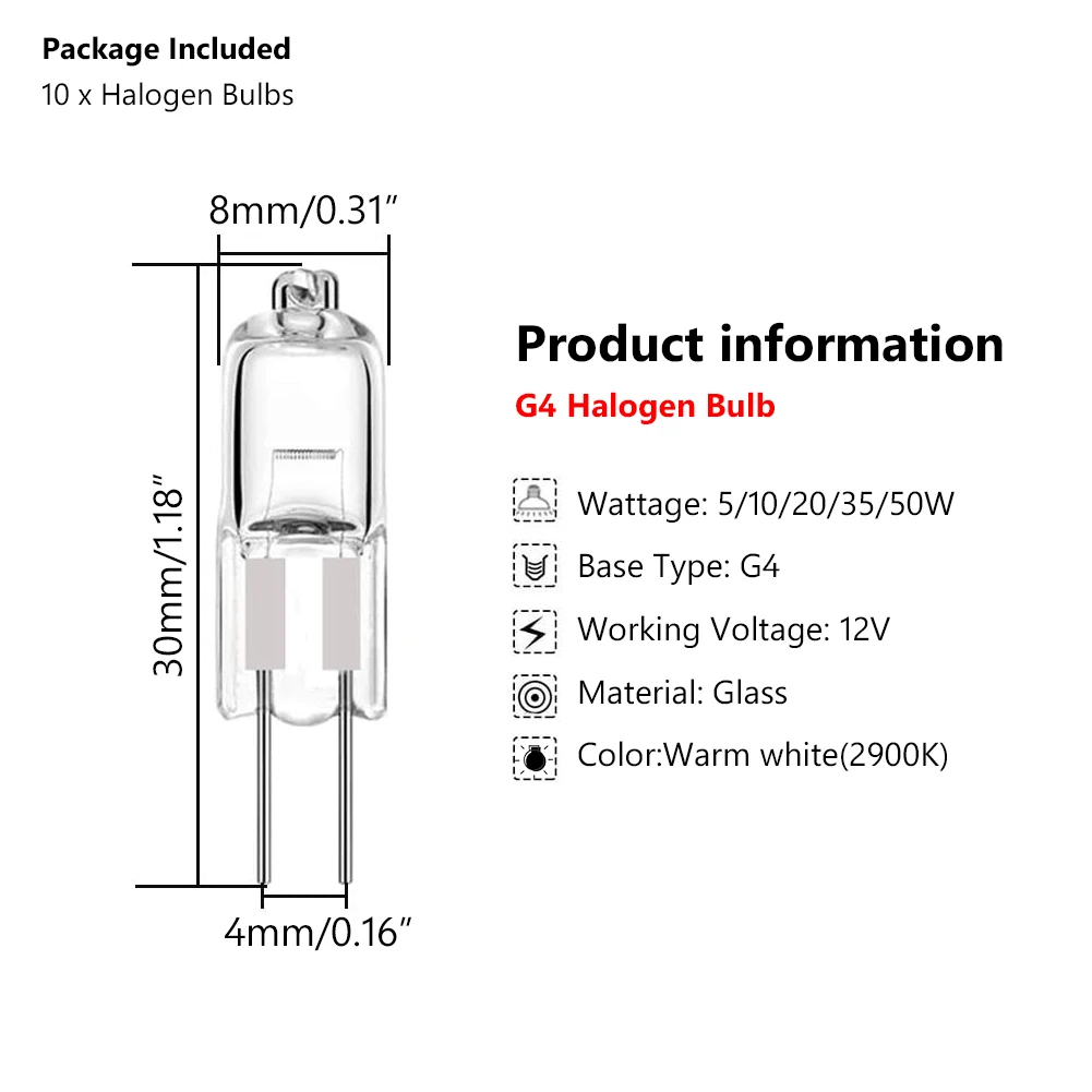 10pcs 할로겐 전구 G4 12V 5W 10W 20W 35W 50W 글로브 많은 JC 바이 핀 LED 따뜻한 흰색 교체 LED 캡슐 램프 할로겐 전구 빛