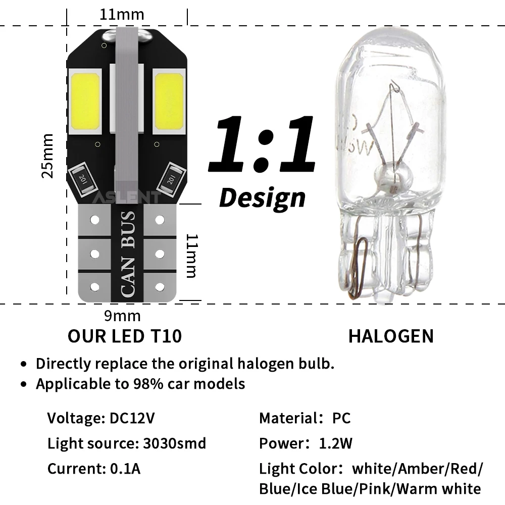 매우 밝은 자동차 인테리어 사이드 라이트 194 3030 SMD 자동 전구, 오류 없음, 10x W5W T10, 5W5, 12V, 5W, 600Lm, 화이트 앰버 레드