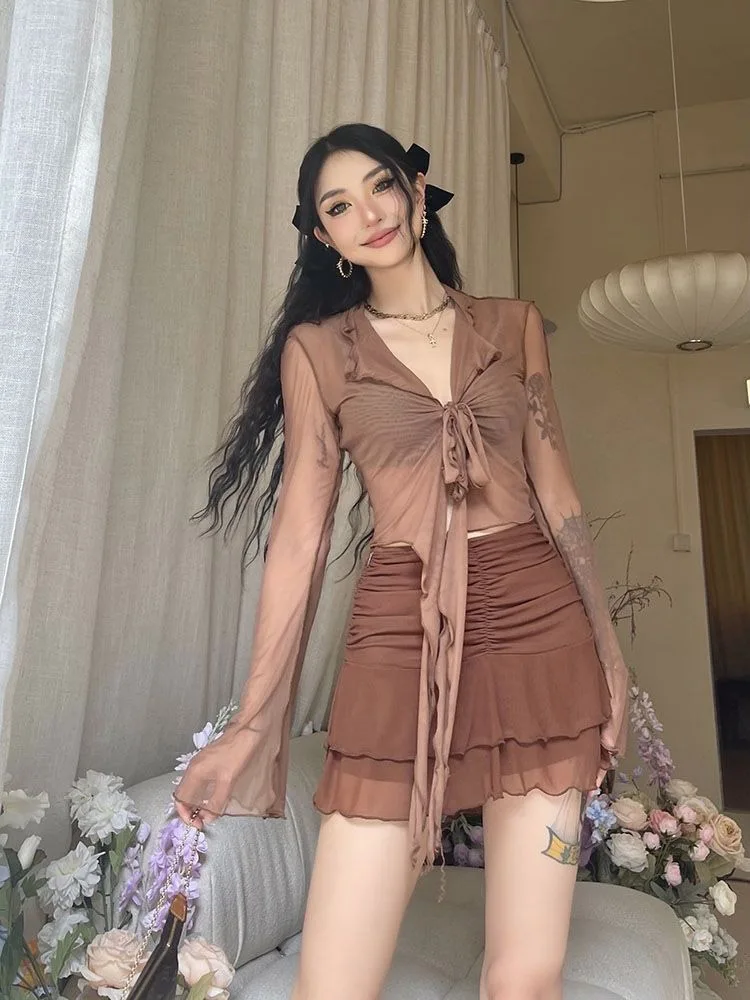 여성용 긴 플레어 소매 블라우스, 레이스업 메쉬, 섹시한 스위트 핫 걸스, 한국 패션 스타일, 올 매치 솔리드 디자인, 우아한 캐주얼