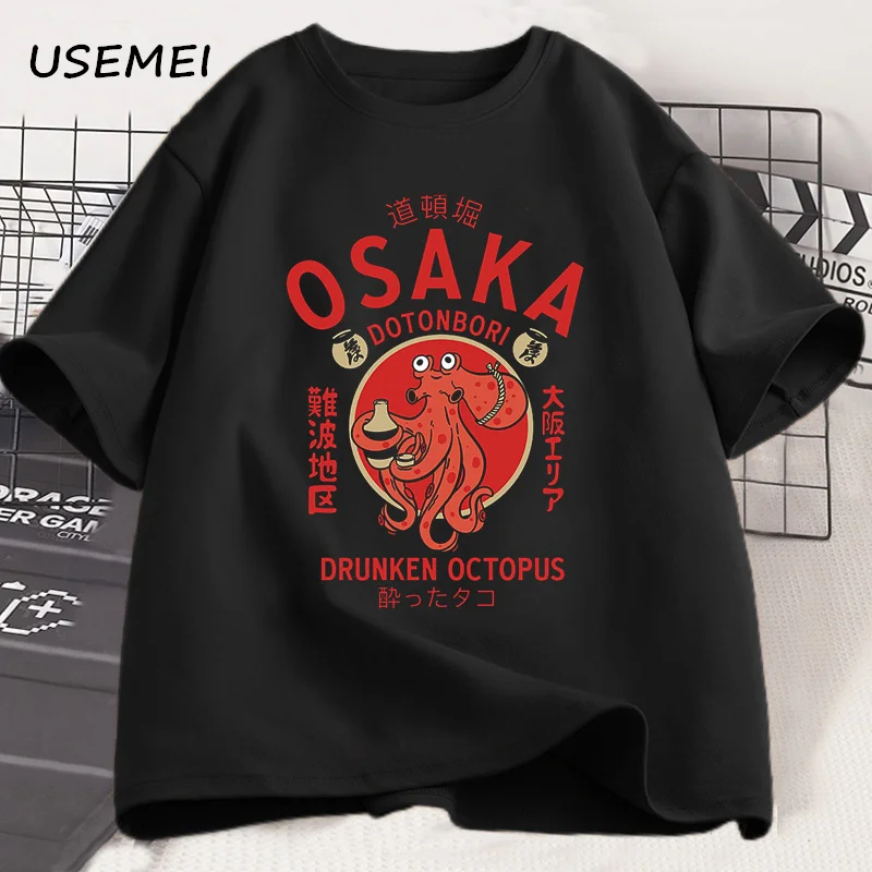 오사카 도톤보리 술취한 문어 그래픽 T 셔츠 일본식 길거리 음식 애호가 Tshirt 코튼 빈티지 반소매 티셔츠