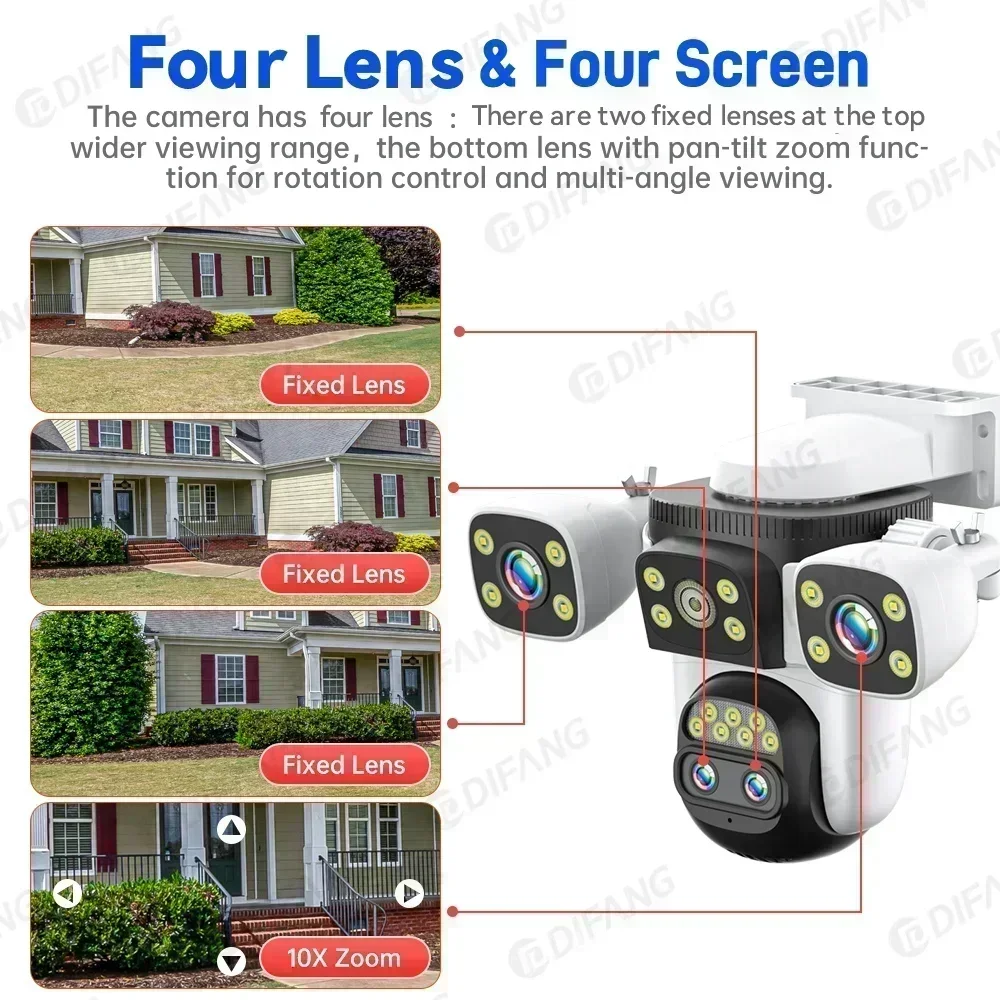 10K 20MP 홈 보안 WiFi 카메라 4렌즈 4화면 360 °   PTZ 10X 줌 CCTV 무선 감시 IP 캠 보안 보호