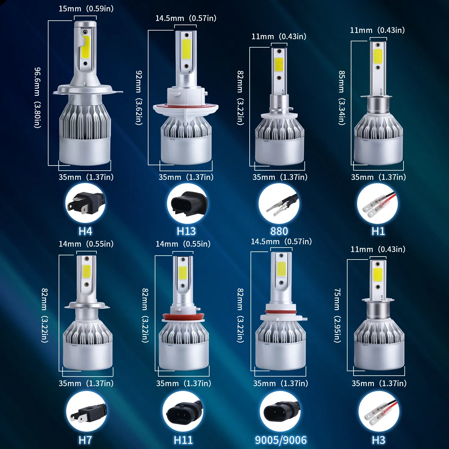2x H7 LED H11 H4 Hi/Lo H1 H3 H8 HB1 HB3 HB4 HB5 HIR2 H13 H27 9005 9006 자동차 전조등 3000K 6000K 8000K COB C6 자동차 조명