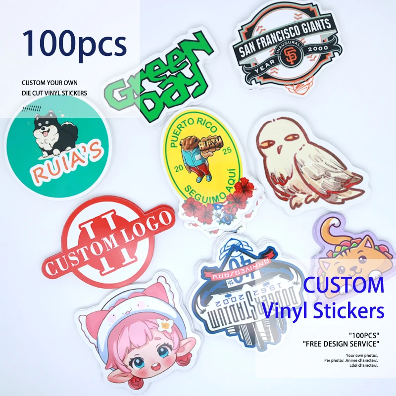 PVC 방수 다이 컷 비닐 로고 디자인 브랜드 노트북 귀여운 맞춤형 스티커, 비즈니스용 광택 필름, 맞춤형 스티커, 100 개