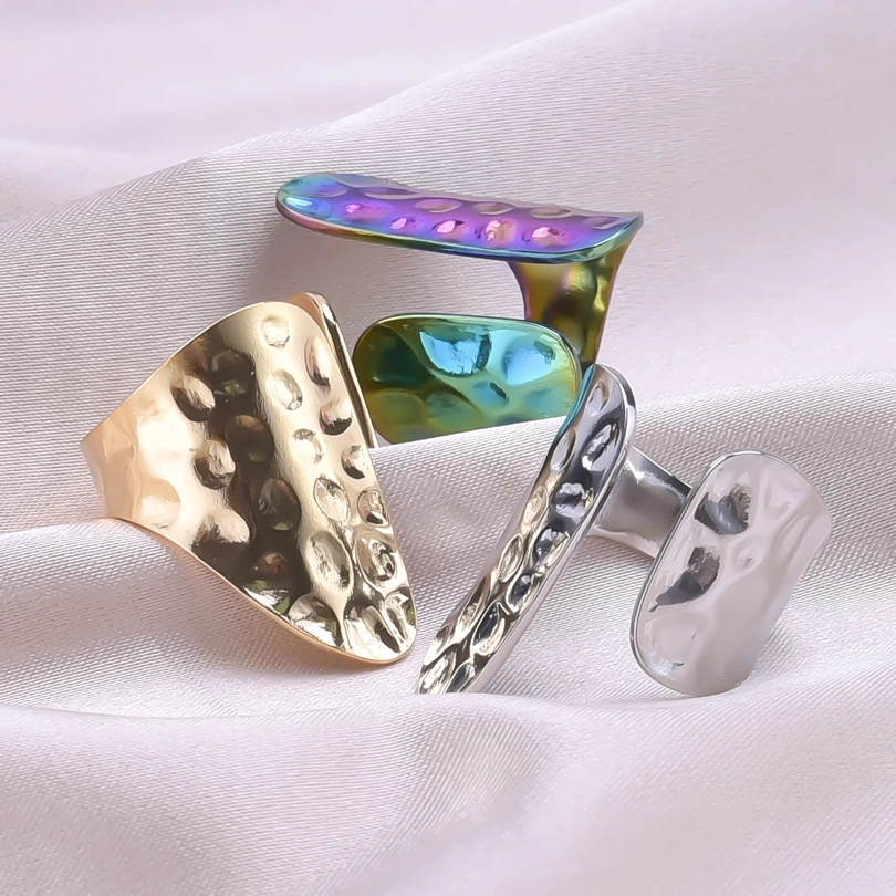 1Pc 스테인레스 스틸 방수 여성 성격 질감 Chunky 오픈 반지 빈티지 중공 불규칙한 다층 Anillos 쥬얼리