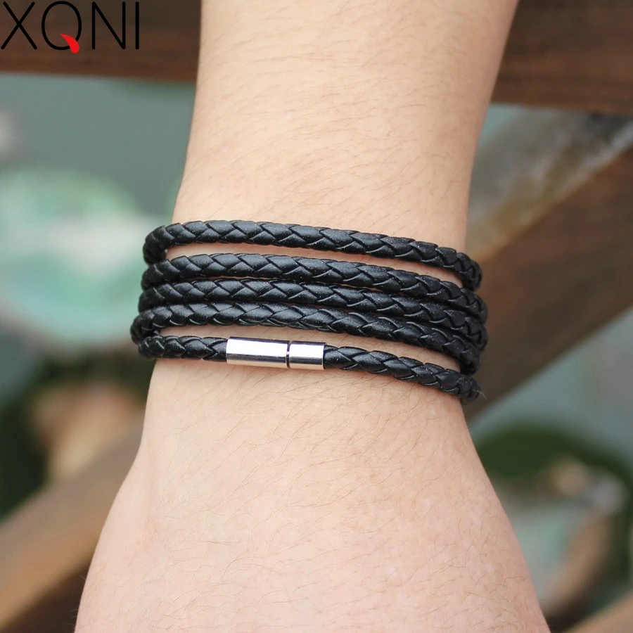 XQNI 브랜드 블랙 레트로 랩 긴 가죽 팔찌 남자 bangles 패션 sproty 체인 링크 남성 매력 팔찌 5 바퀴