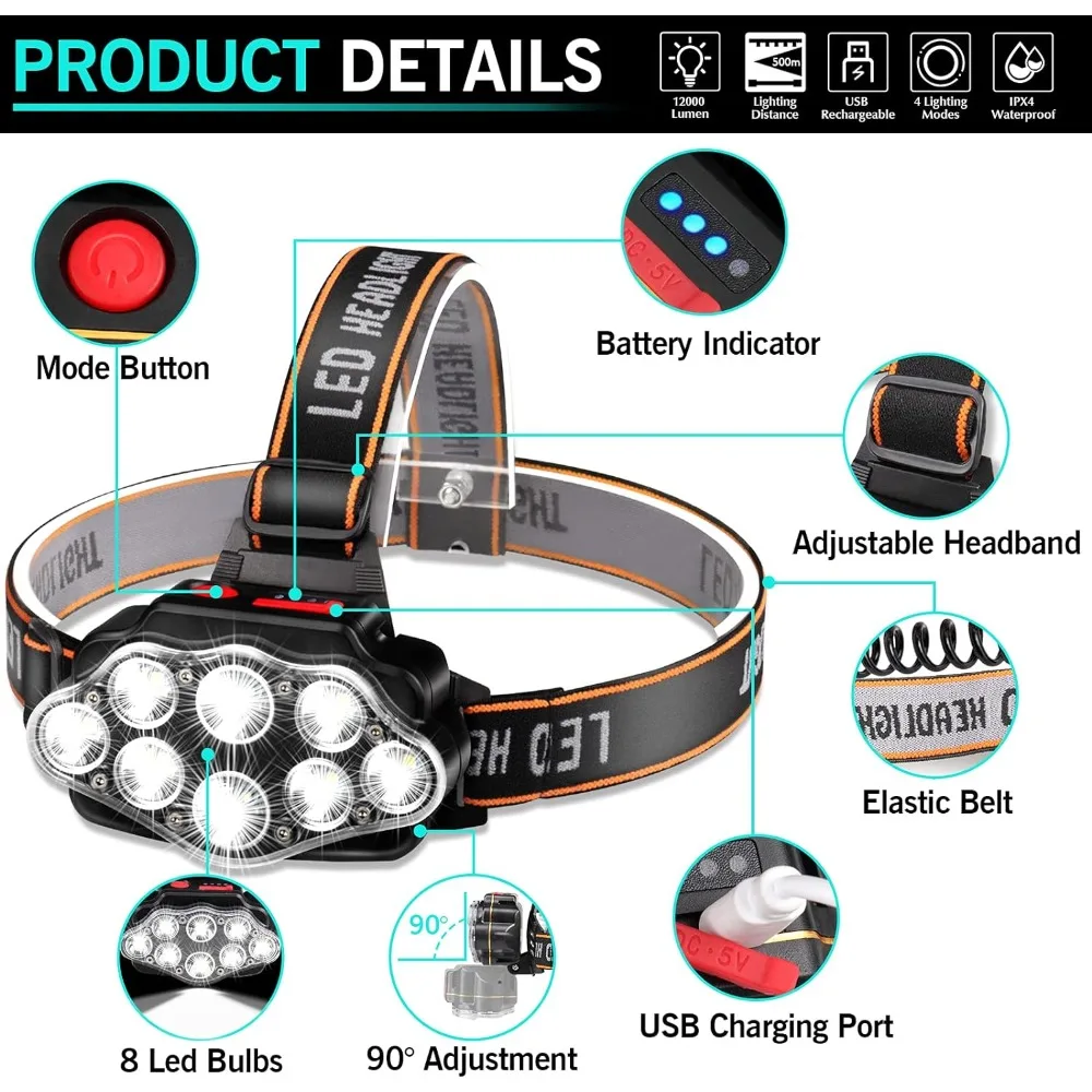 LED USB 충전식 헤드 램프, 높은 루멘, 밝은 헤드 램프, 8 LED USB 헤드라이트, IPX4 방수 헤드 손전등, 캠핑 라이트