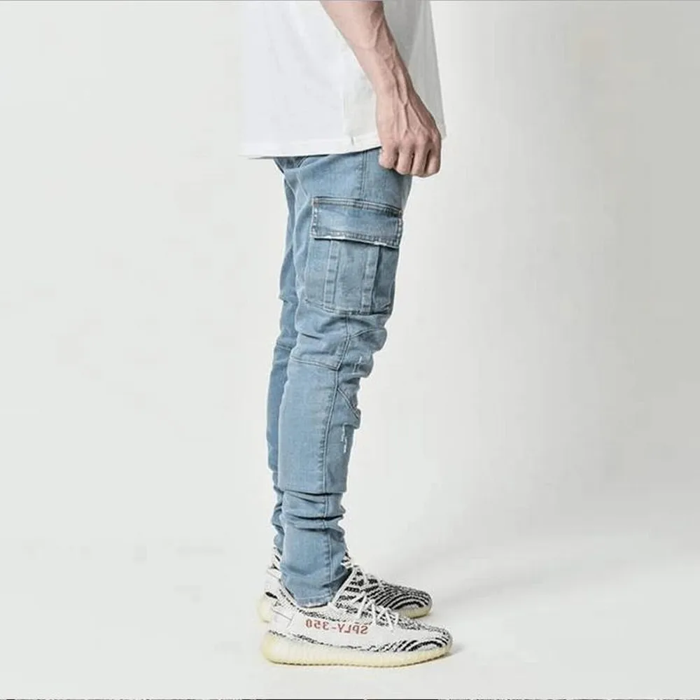스트리트 탄성 청바지 남성 데님 카고 바지 워시 솔리드 컬러 멀티 포켓 캐주얼 미드 웨스트 바지 슬림 피트 데일리웨어 조깅