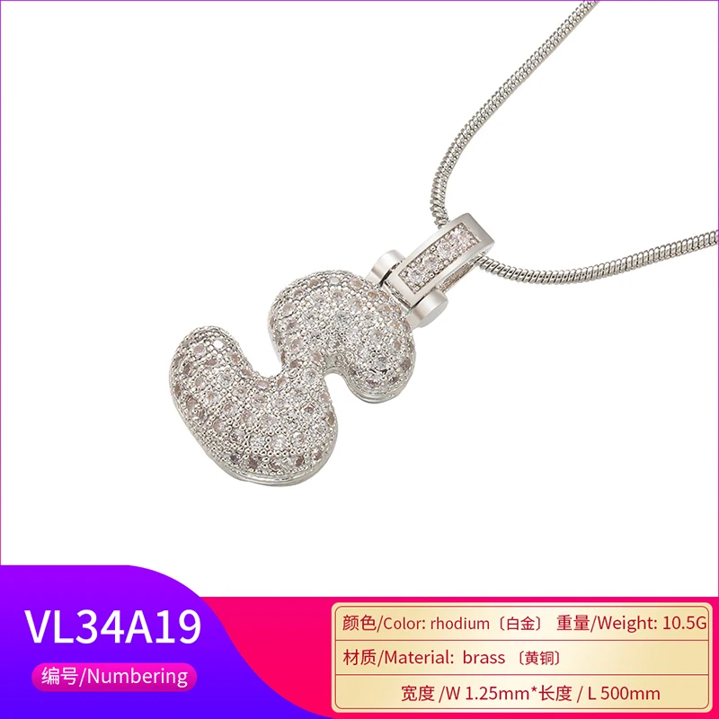 ZHUKOU 1.25x500mm 여성을위한 뚱뚱하고 사랑스러운 크리스탈 황동 실버 컬러 편지 목걸이 친구 생일 선물 모델: VL34