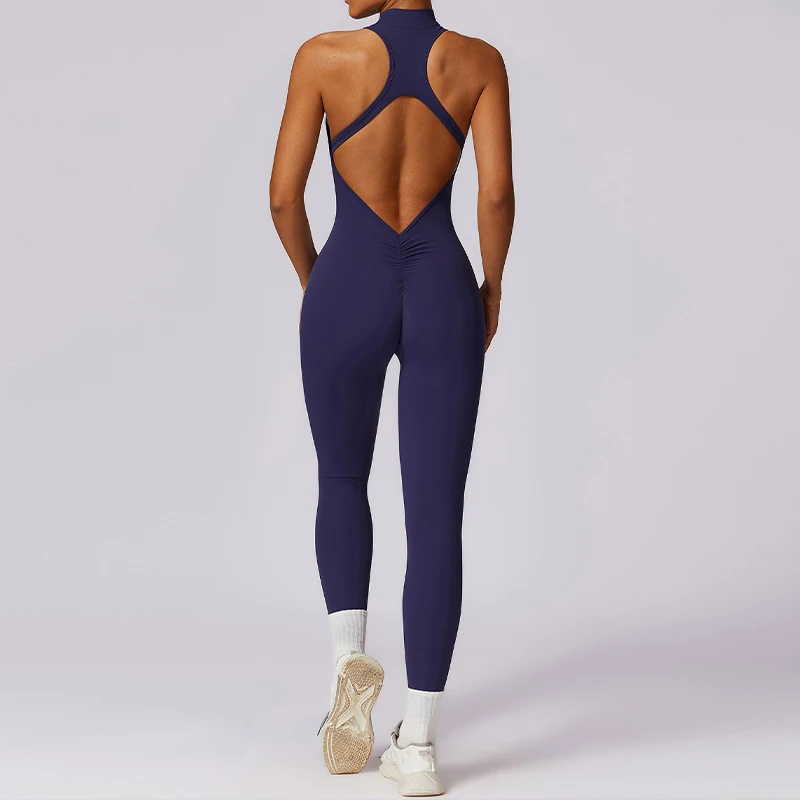 V 백 원피스 정장 여성 스포츠 점프 슈트 지퍼 요가 Rompers 등받이 운동복 여성 Sleeveles 운동 바디 슈트 여성