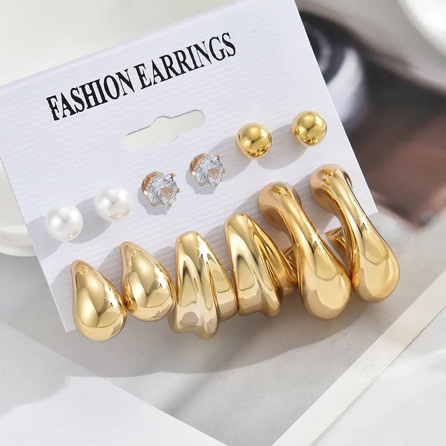 LATS 6Pcs 빈티지 클래식 기하학 광택 Ccb 골드 도금 C 모양 후프 귀걸이 여성을위한 설정 Waterdrop Earing 패션 쥬얼리