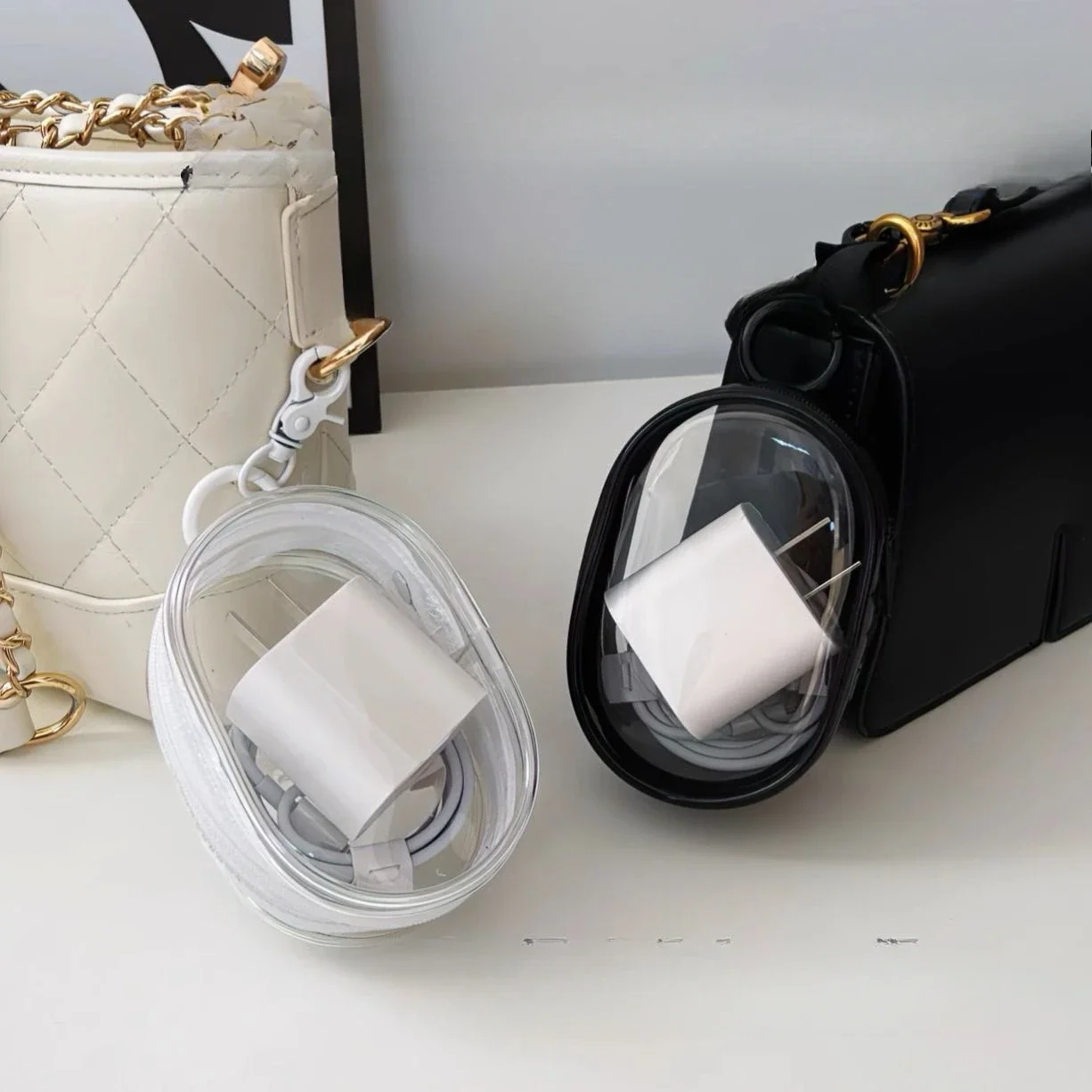 블랙 PVC 라운드 투명 화장품 가방 쥬얼리 보관 가방 휴대용 데이터 케이블 이어폰 동전 충전기 보관 가방 브랜드 뉴