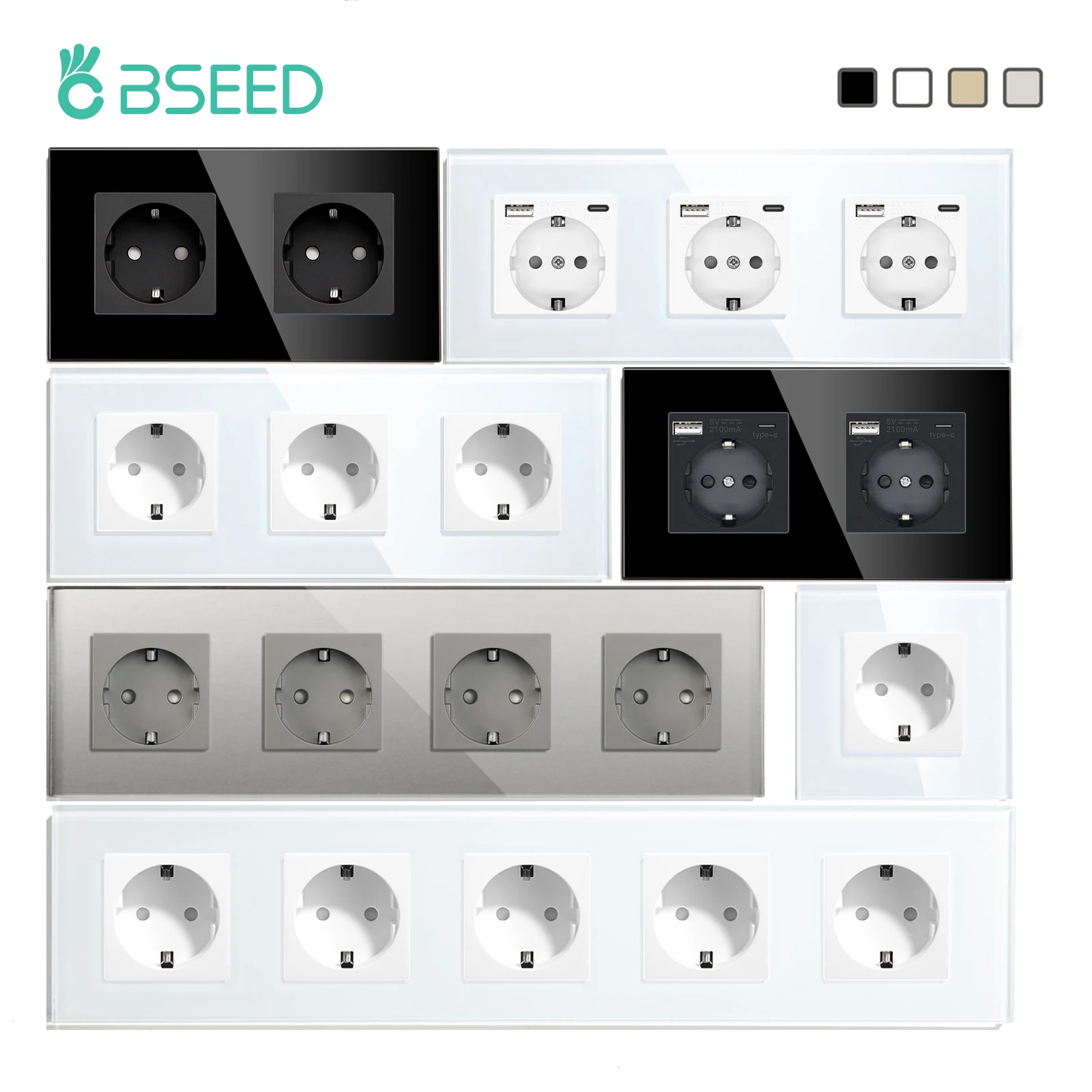 BSEED EU 표준 벽 전기 소켓, C타입 콘센트, 벽 전원 소켓, USB 충전 포트, 유리 패널, 어린이 보호, 16A
