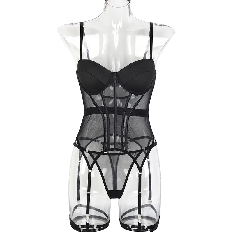 MUZISKAT 메쉬 란제리 럭셔리 브랜드 바디 슈트 여성용 백 레스 탑 3 피스 란제리 세트 여성용 Garter Sexydresses