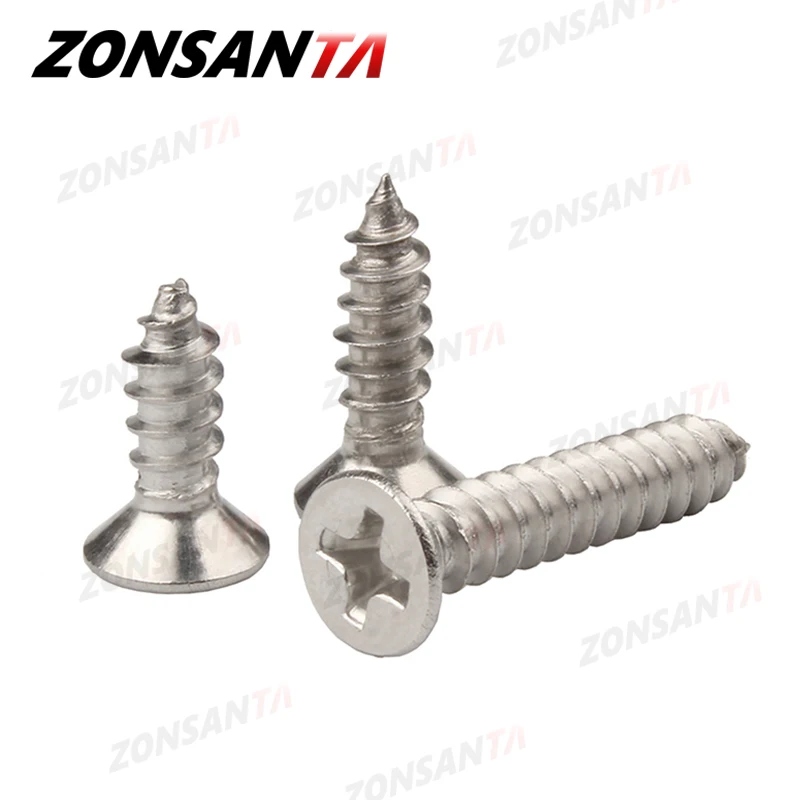 ZONSANTA M1.4 M1.7 M2 M2.3 M2.6 M3 M4 M5 M6 304 스테인레스 스틸 십자형 접시 머리 플랫 헤드 태핑 나사 나무 나사