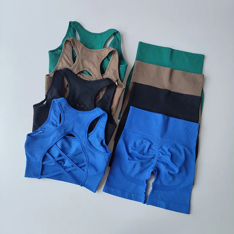 2 PCS 여성의 원활한 요가 세트 섹시한 스포츠 브래지어 높은 허리 스포츠 반바지 체육관 피트니스 민소매 운동복 Sporstwear