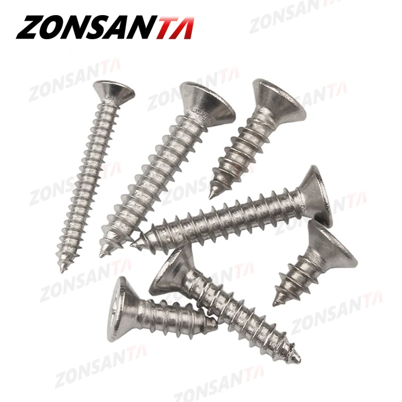 ZONSANTA M1.4 M1.7 M2 M2.3 M2.6 M3 M4 M5 M6 304 스테인레스 스틸 십자형 접시 머리 플랫 헤드 태핑 나사 나무 나사