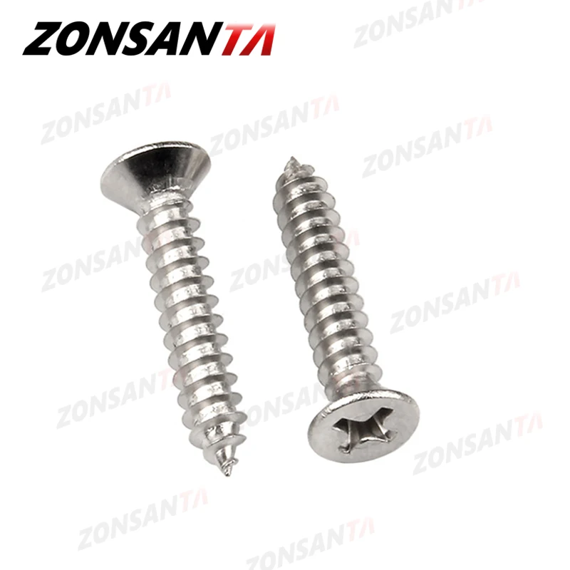 ZONSANTA M1.4 M1.7 M2 M2.3 M2.6 M3 M4 M5 M6 304 스테인레스 스틸 십자형 접시 머리 플랫 헤드 태핑 나사 나무 나사