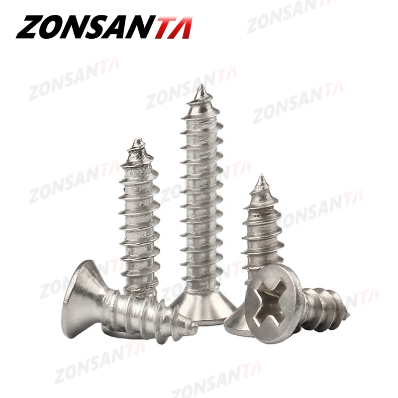 ZONSANTA M1.4 M1.7 M2 M2.3 M2.6 M3 M4 M5 M6 304 스테인레스 스틸 십자형 접시 머리 플랫 헤드 태핑 나사 나무 나사
