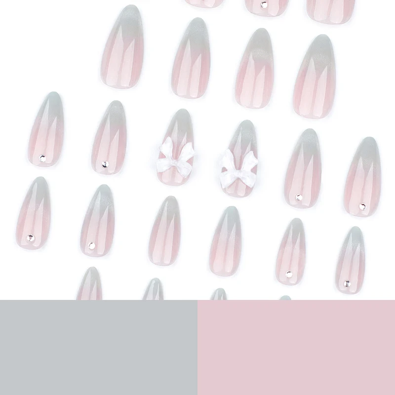 24pcs 달콤한 고양이 눈 손톱에 프렌치 프레스 다이아몬드 지적 3 차원 활 매듭 여성과 소녀를위한 착용 가능한 손톱 아몬드 네일