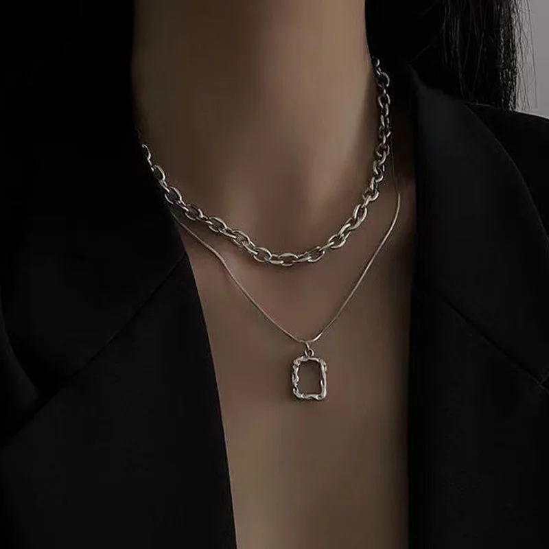 2021 유니섹스 패션 멀티 레이어 힙합 롱 체인 목걸이, 여성용 쥬얼리 선물, 사각형 펜던트 목걸이 액세서리