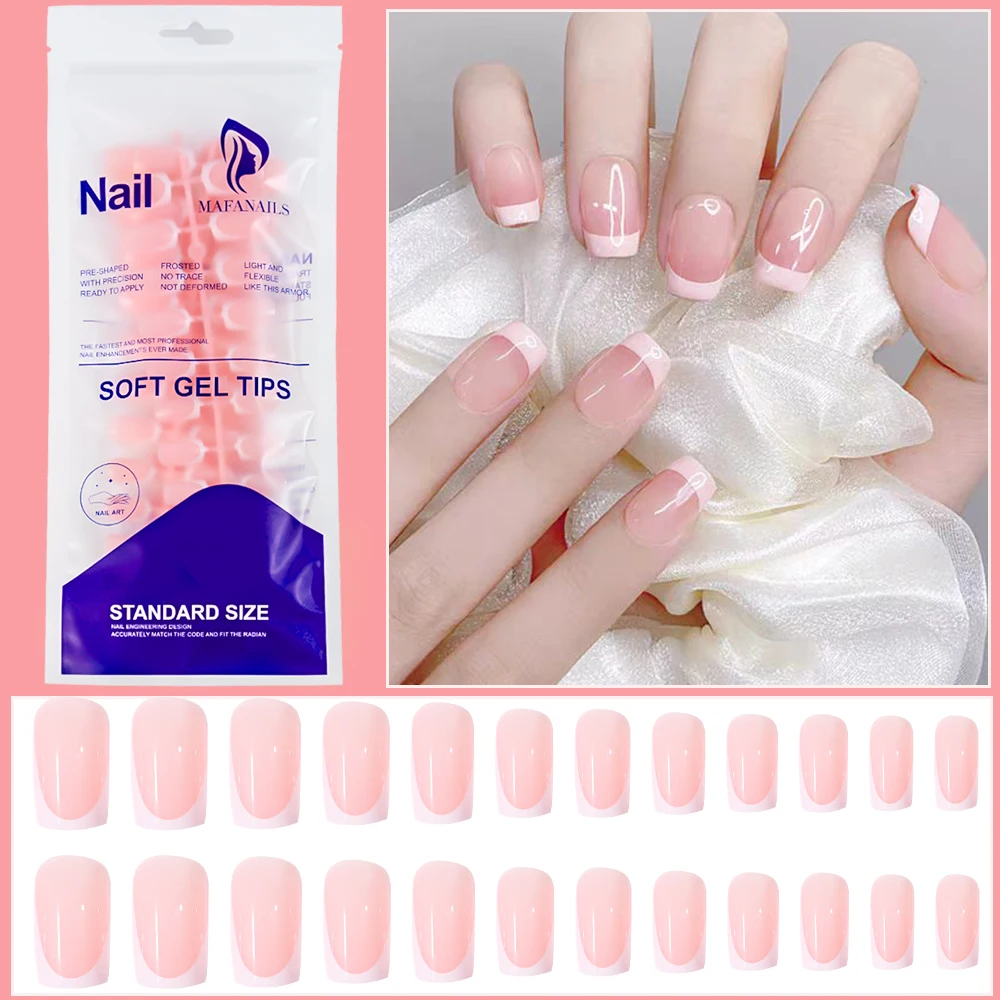 120Pcs = 24*5 프랑스어 짧은 사각형 관 틀린 손톱 화이트 핑크 간단한 웨어러블 가짜 손톱 네일 팁 아트에 광택 전체 커버 프레스