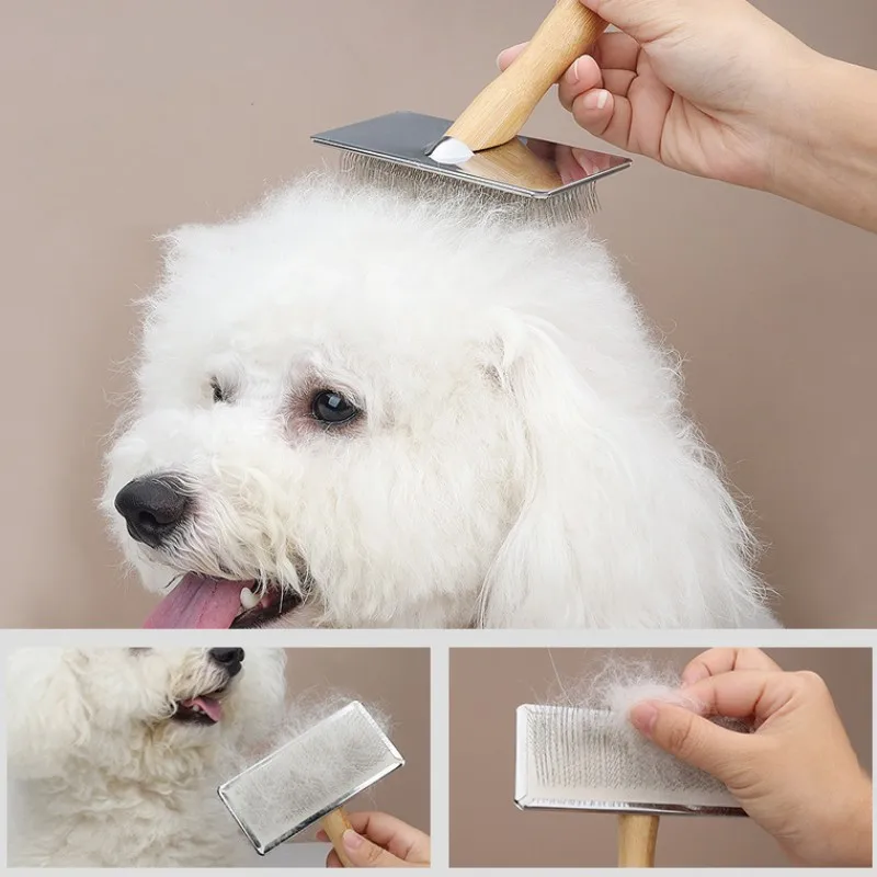 개 빗 단단한 나무 개 브러시 애완 동물 헤어 리무버 마사지 고양이 브러시 애완 동물 미용 고양이를위한 스테인레스 스틸 빗 머리 매듭 열기